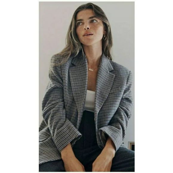Everlane The ReWool '80s Blazer Houndstooth Plaid Oversized Classic Jacket Sz 12 - Picture 1 of 16